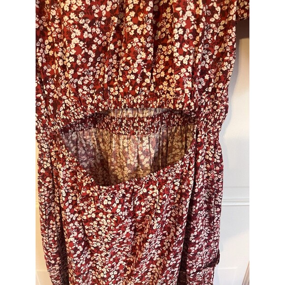 Apiece Apart Red Floral Midi Dress Organic Cotton Pockets Cut Out Back. SZ LG - Picture 8 of 10